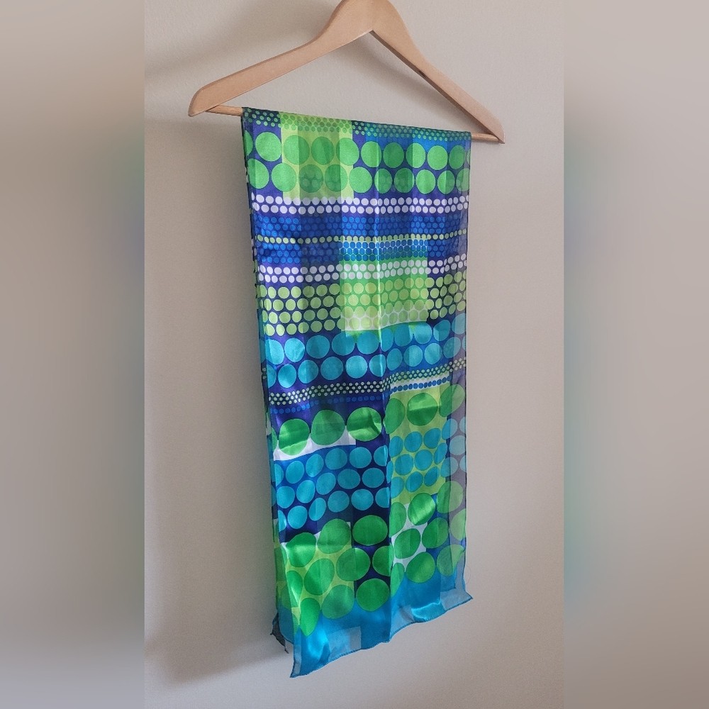 Vtg Stacked Polka Dot Scarf, Cool Blue, Citrine & Grass Green